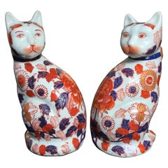 Antique Japanese Pair of Imari Porcelain Lovable Cats Sculpture, Signed Base