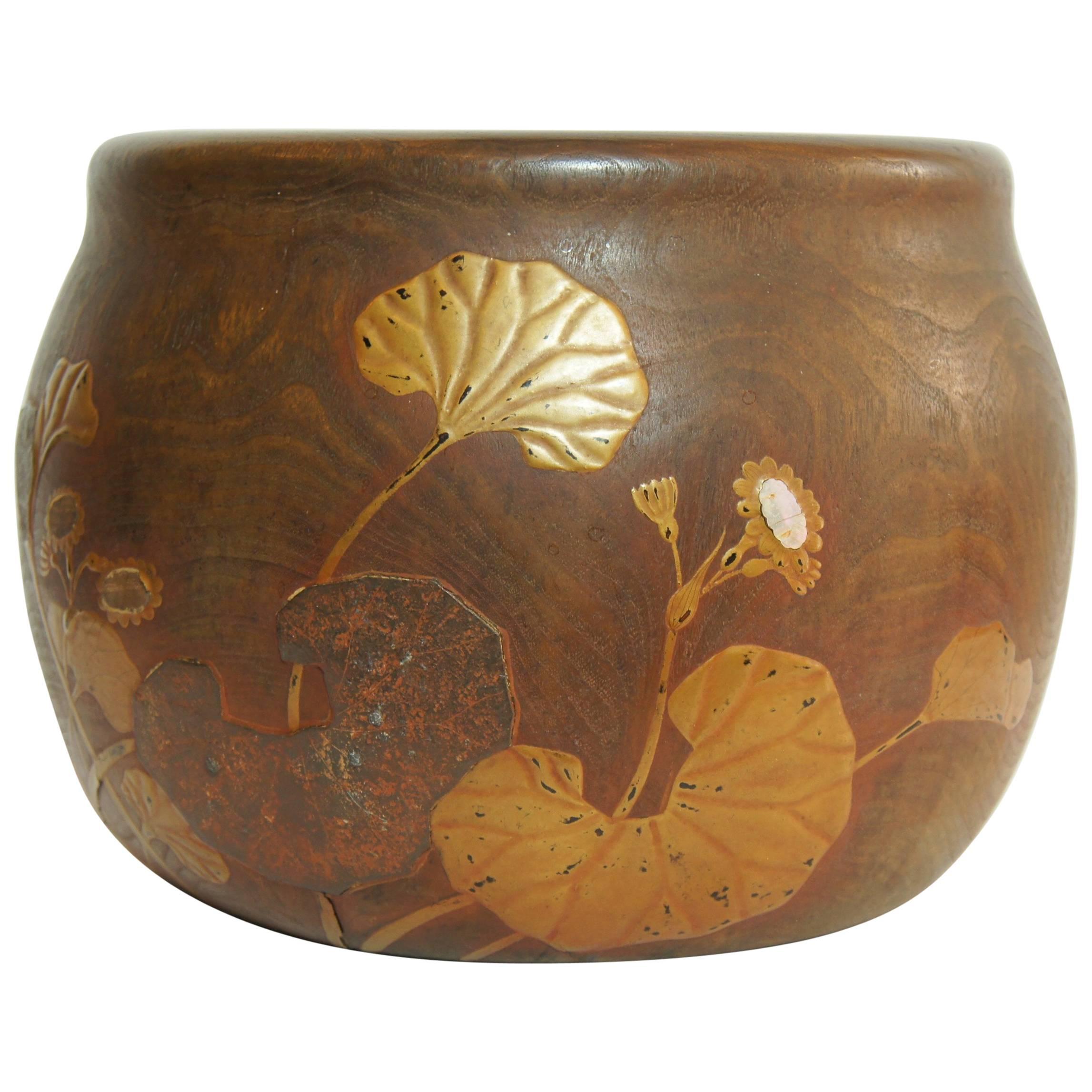 Japanese Lotus Leaf Motif Wooden and Copper Interior Hibachi, 1920s For Sale