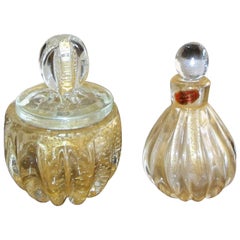 Vintage Set Murano Gold Controlled Bubbles Perfume Bottle and Powder Lid Jar