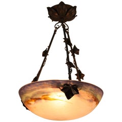 Muller Frères Blown Glass and Iron Pendant Chandelier