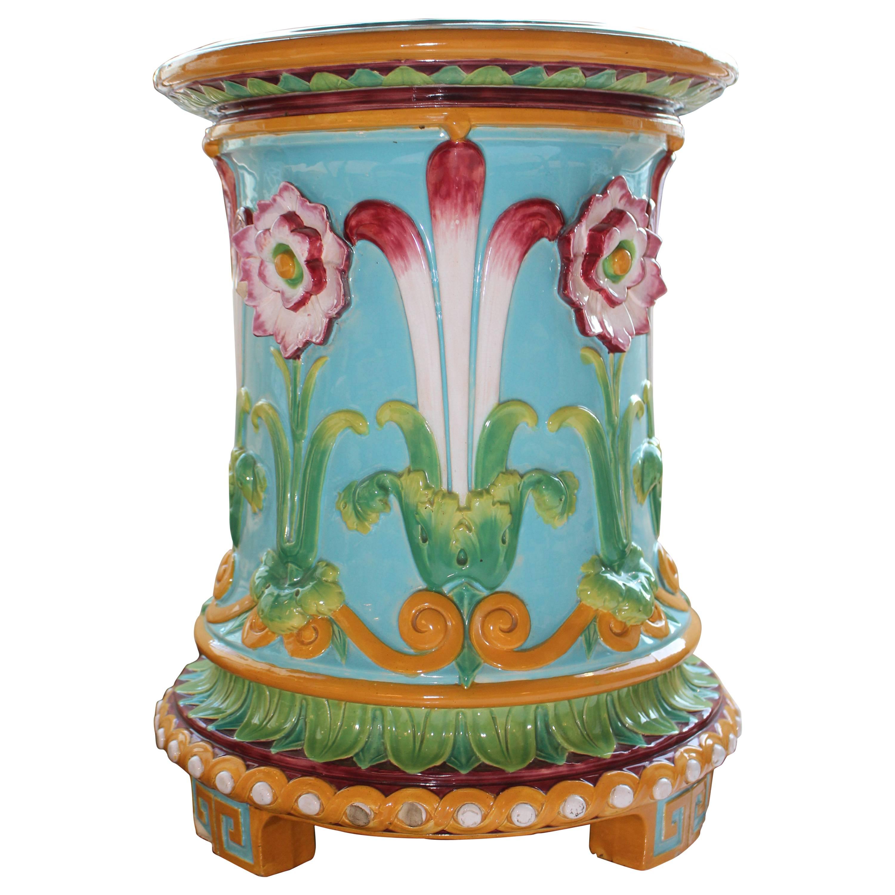 Victorian Minton Majolica 1876 Turquoise Ground Garden Seat with Passion Flowers