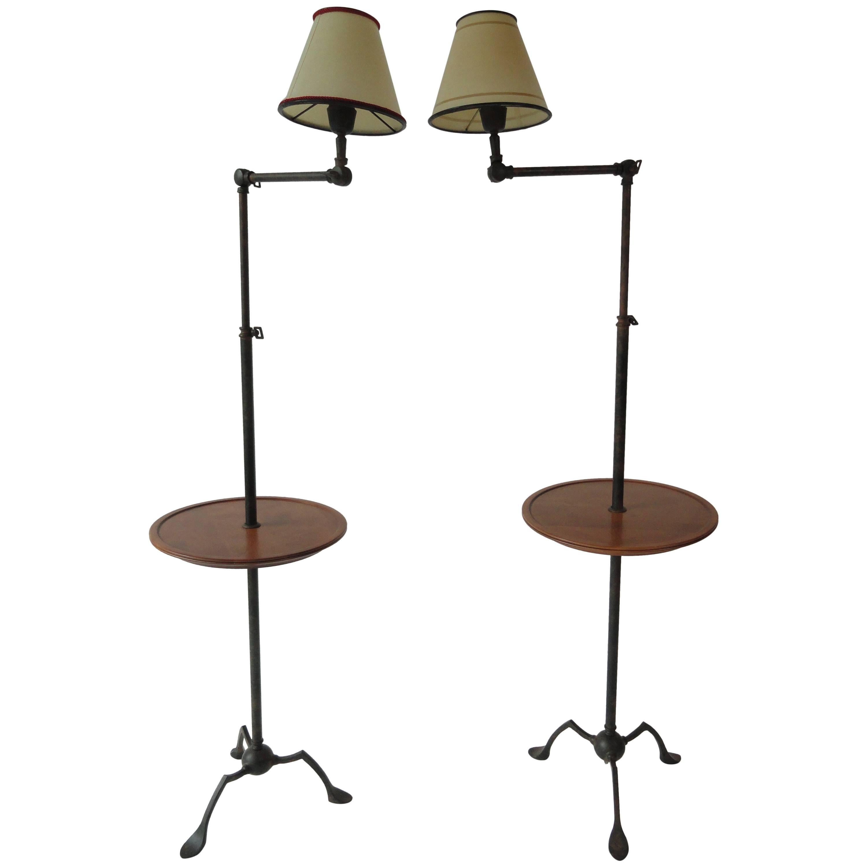 Pair of Metal Pole Lamps with Round Wood Trays For Sale