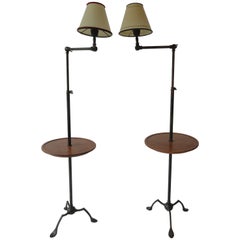 Pair of Metal Pole Lamps with Round Wood Trays