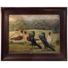 Early 20th Century Provencal Parading Pigeons Oil Painting