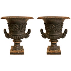 Pair of Neoclassical Style Black Painted Garden Urns