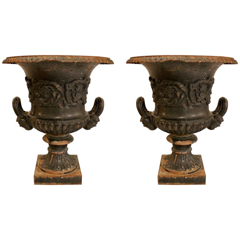 Pair of Neoclassical Style Black Painted Garden Urns For Sale at 1stDibs
