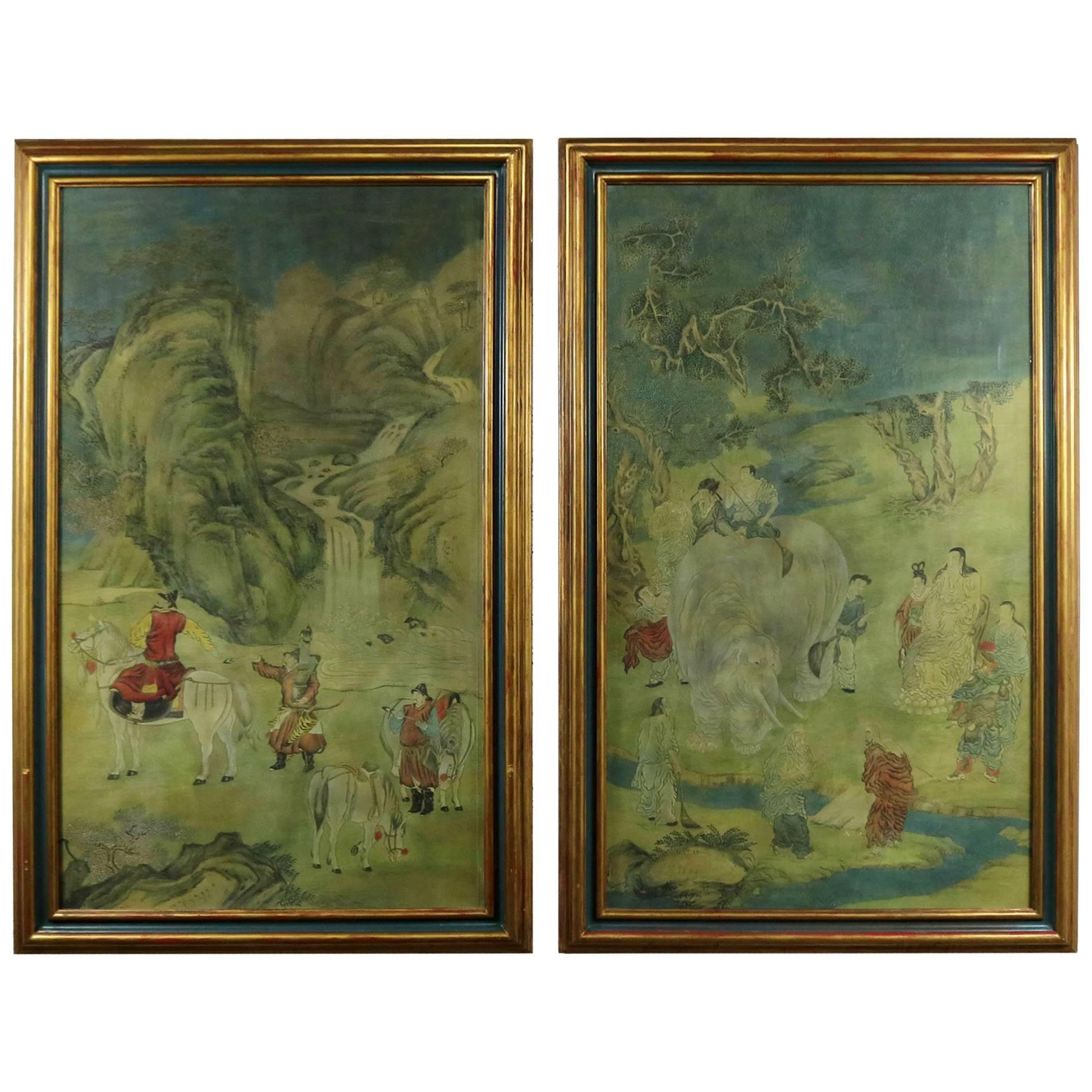 Chinese Ink and Color on Paper Framed Art a Monumental, Pair