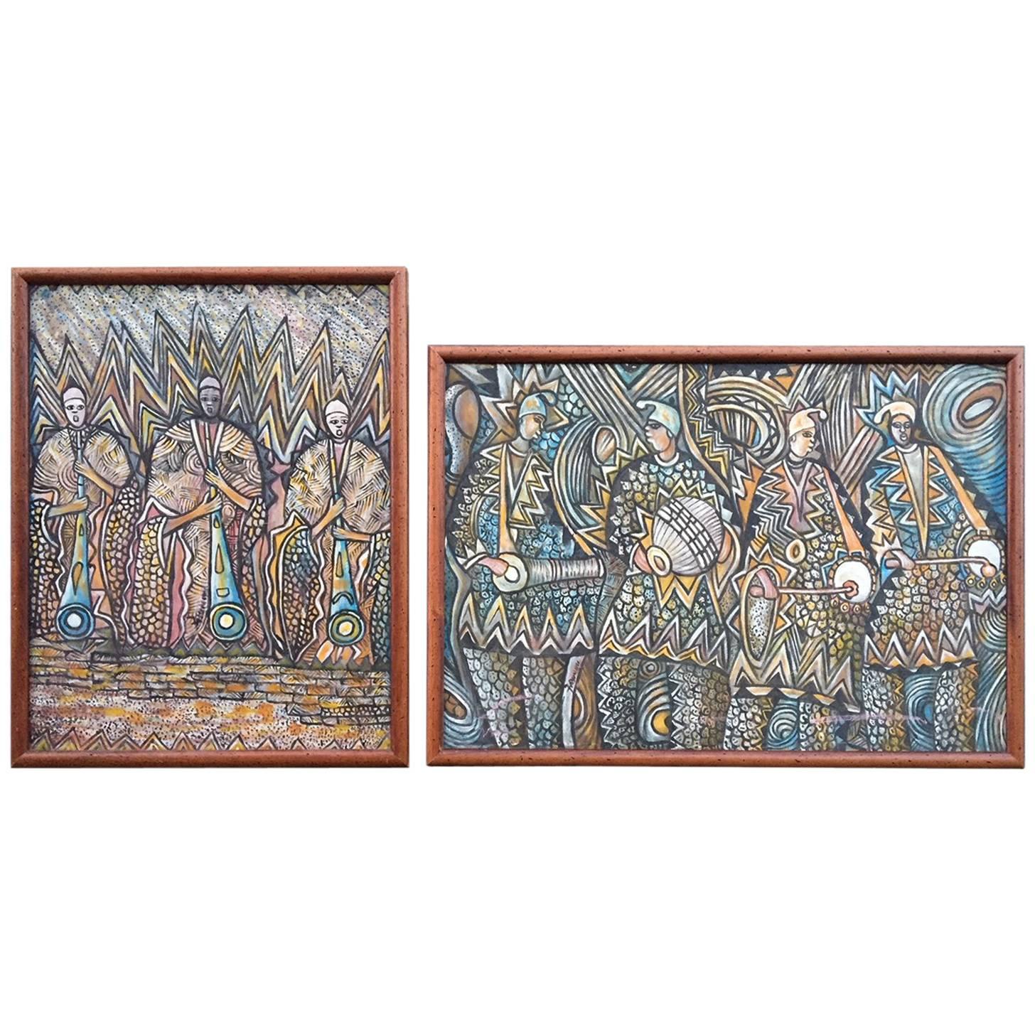 Set of Two Vintage African Tribal Paintings in Worm-Wood Frames