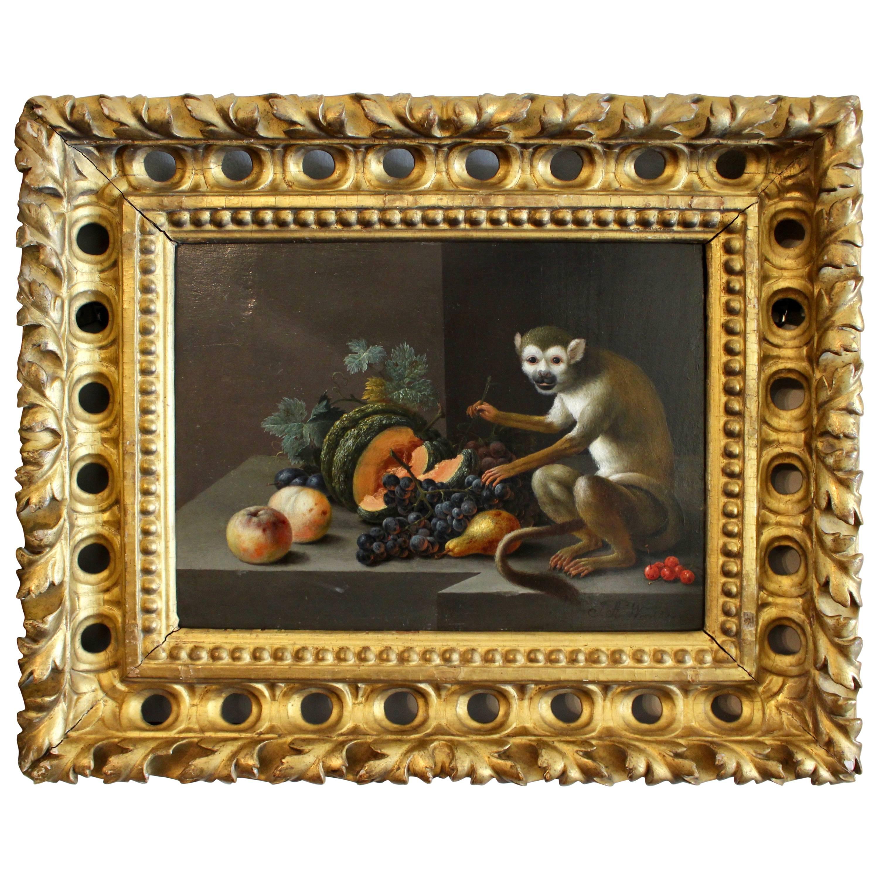 Charming Image in Still Life Fashion of a Monkey with Various Fruit For Sale