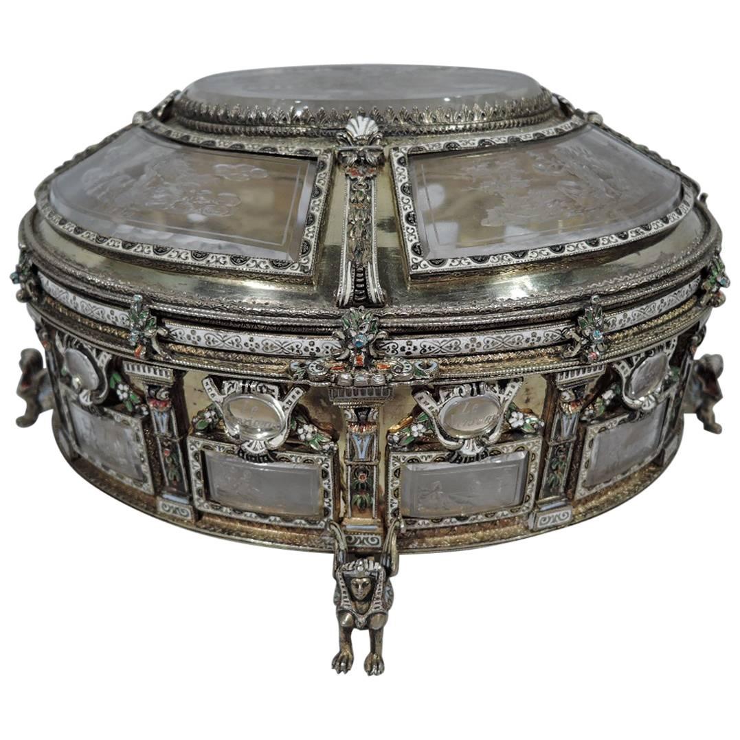 Antique Viennese Silver Gilt and Rock Crystal Casket with Astrological Symbols