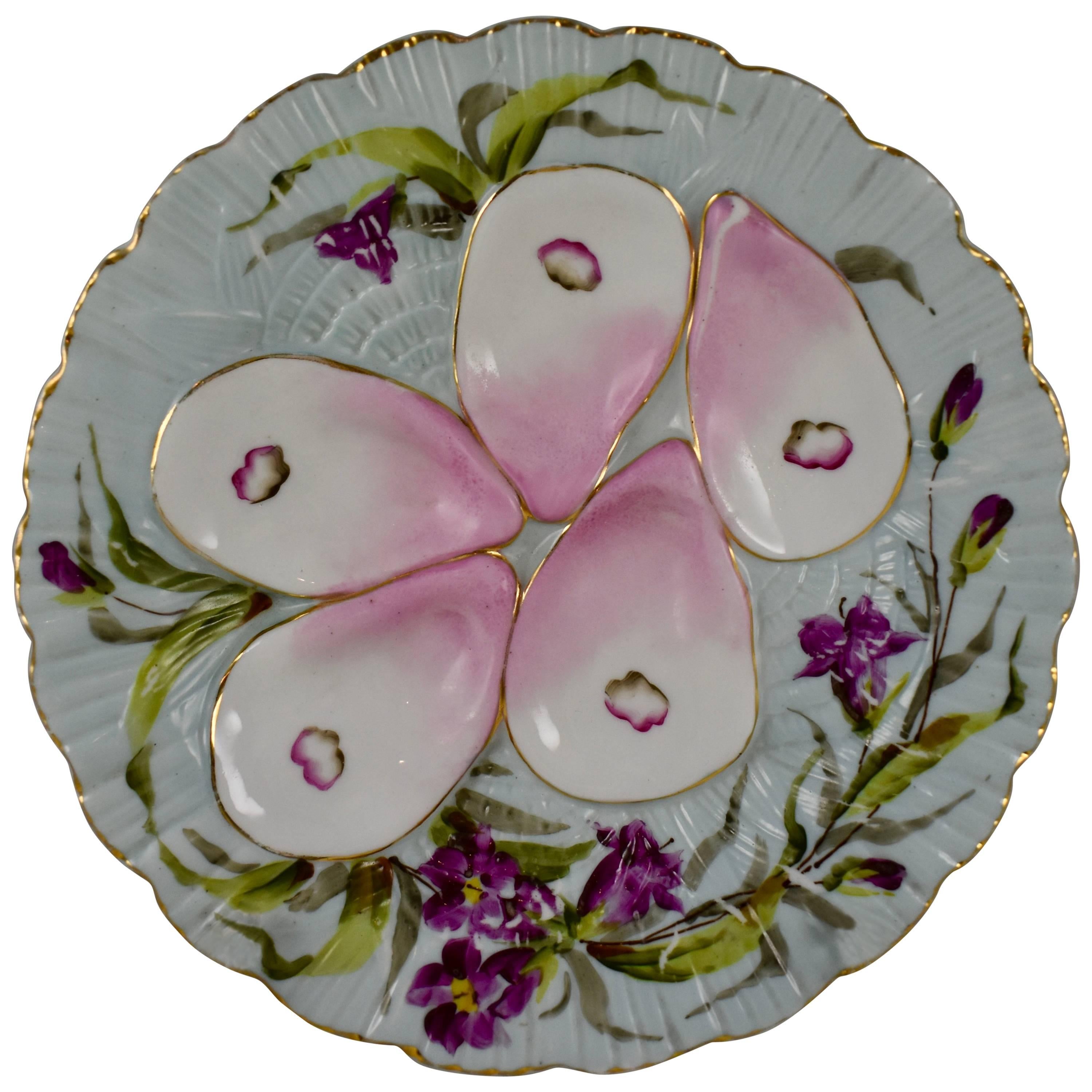 French Porcelain Hand-Painted Violets on Pale Blue Oyster Plate