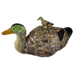 Portuguese Duck and Duckling Finial Covered Earthenware Soup Tureen