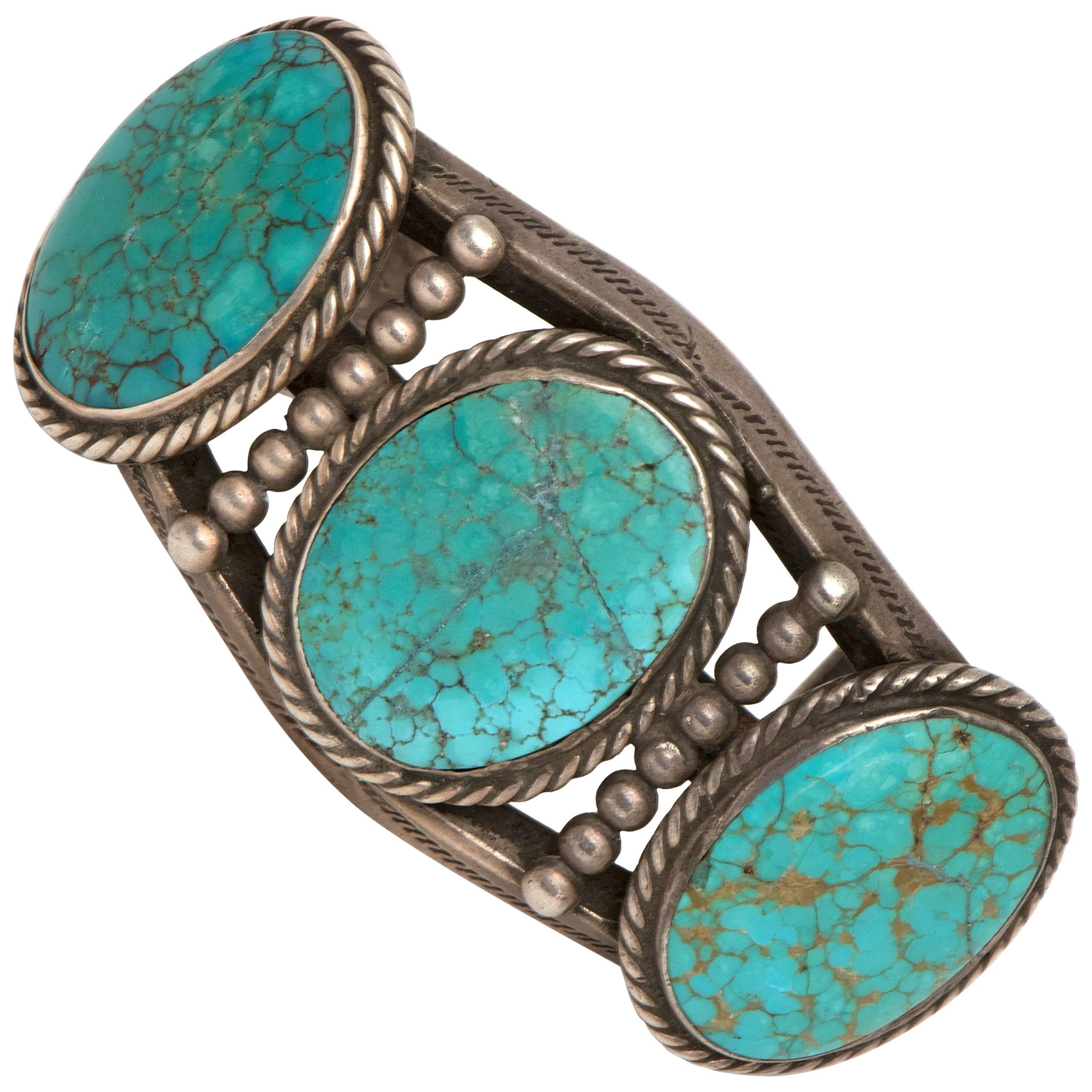 Vintage Old Pawn Navajo Bracelet with Silver and Turquoise, circa 1930
