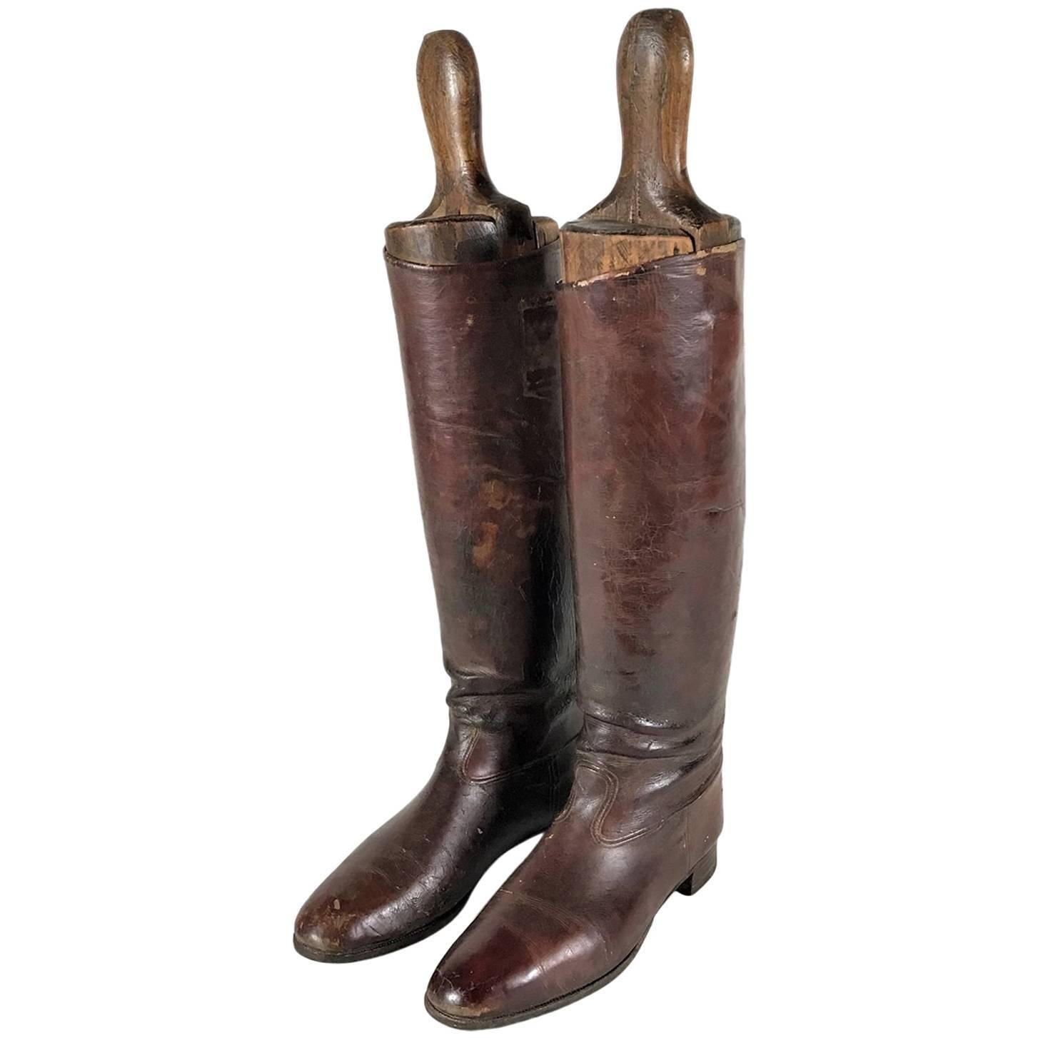 Antique Brown Leather Riding Boots with Trees, 1890s Austria