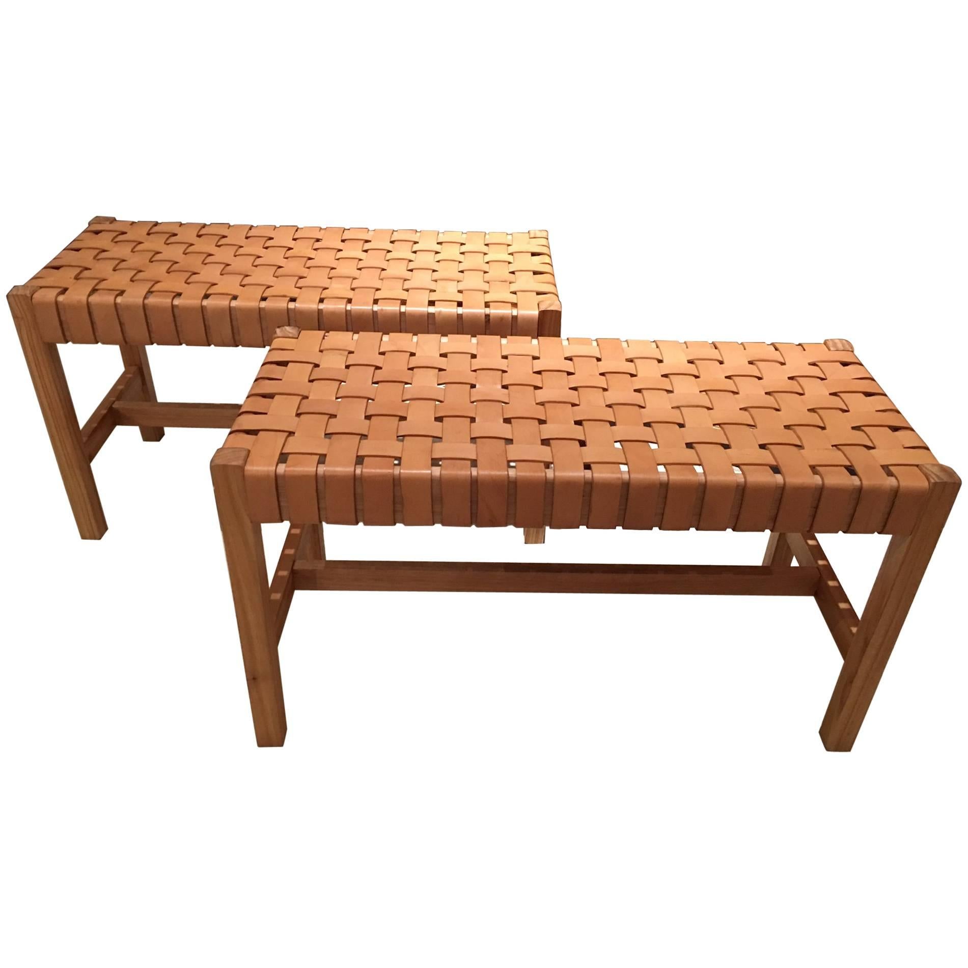 Pair of Woven Leather Benches, circa 1990 For Sale