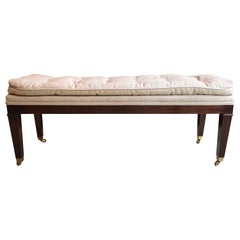 Upholstered Mahogany Long Bench with Brass Casters