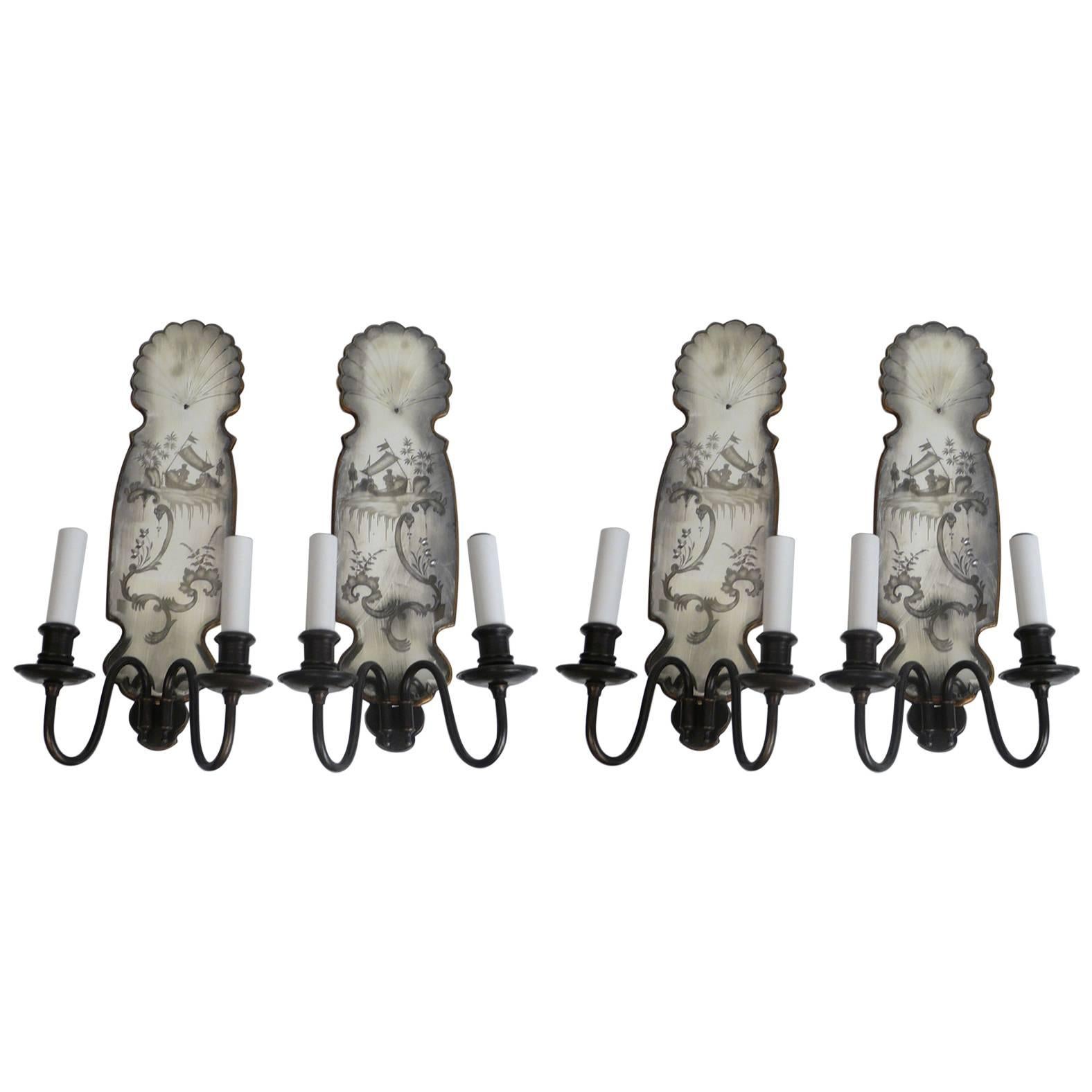 Set of Four Chinoiserie Motif Mirrored Back Sconces, by E.F. Caldwell