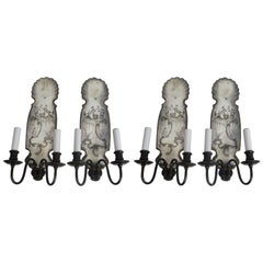 Antique Set of Four Chinoiserie Motif Mirrored Back Sconces, by E.F. Caldwell