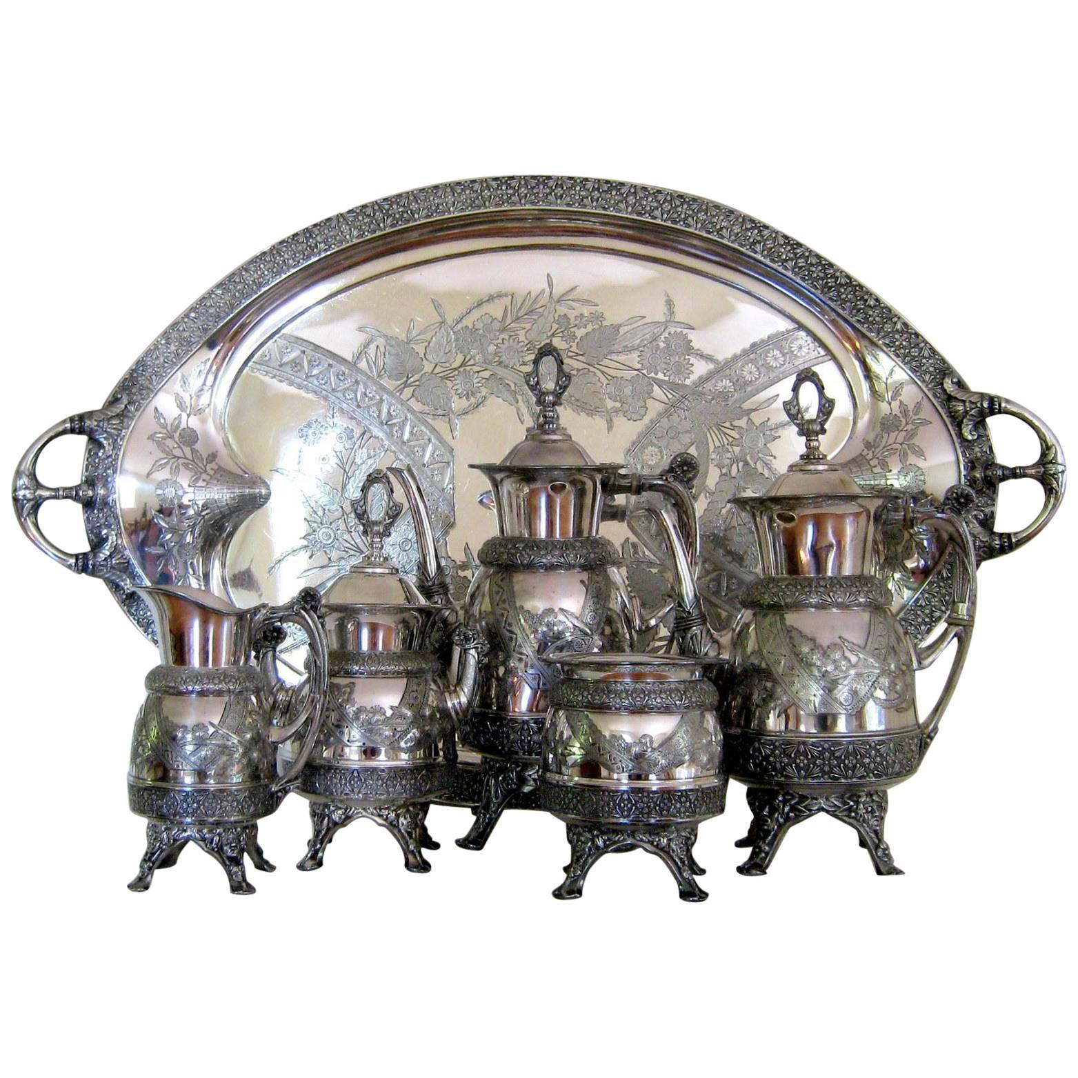Victorian Aesthetic Silver Plate Tea Set & Tray, circa 1878, Antique Meridan B. For Sale