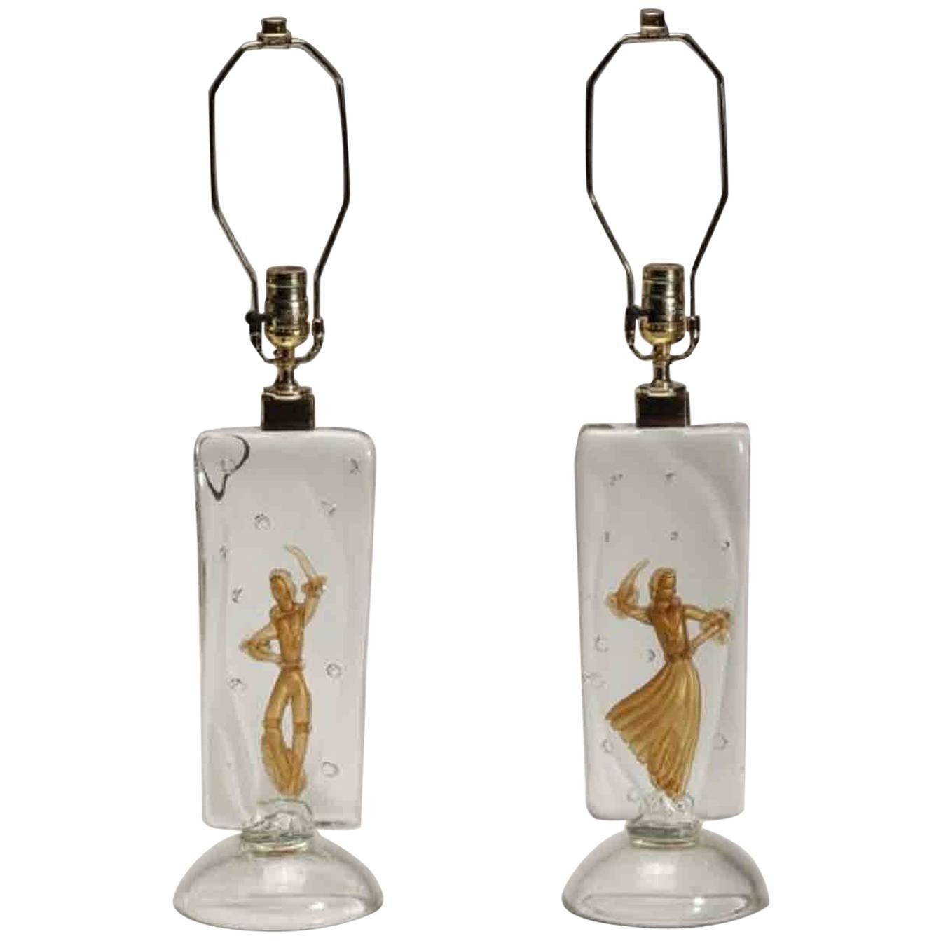 Pair of Rare Alfredo Barbini Murano Dancer Lamps for Cenedese, 1950s For Sale