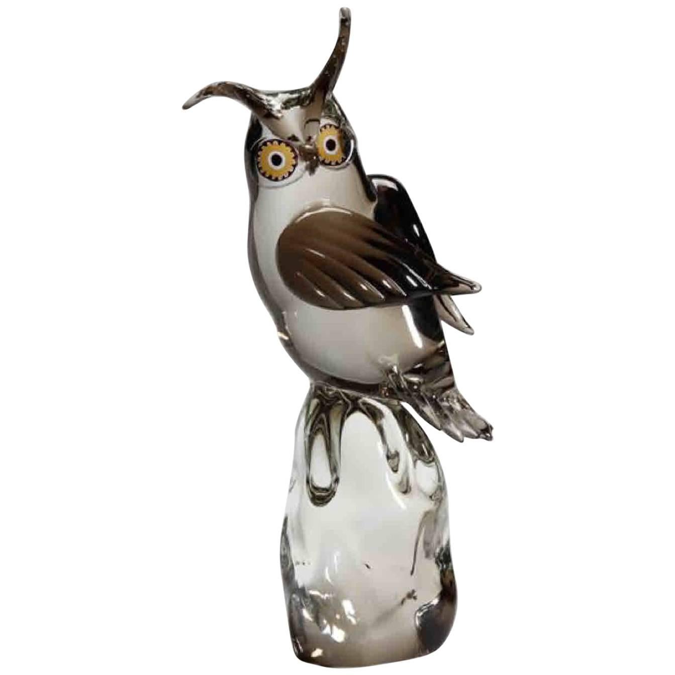 Large Licio Zanetti Murano Art Glass Owl Sculpture with Murrine Eyes For Sale