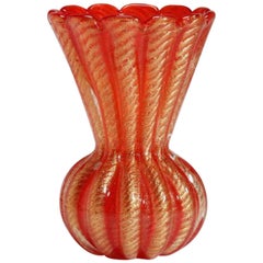 Brilliant Red Cordonato D'oro Murano Vase by Barovier and Toso