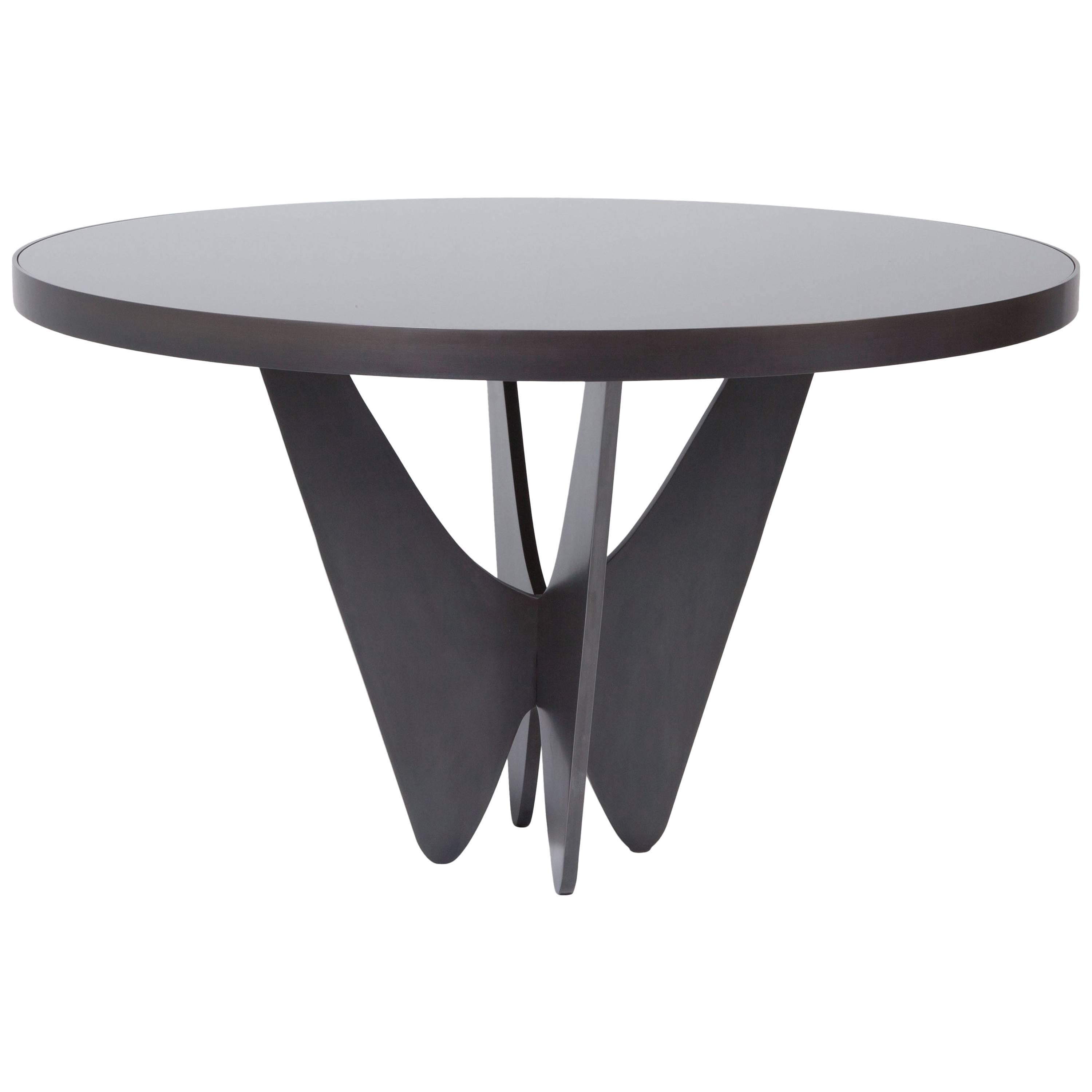Table de salle à manger ronde PAPILLON 48" en métal noir et verre noir par Soraya Osorio 