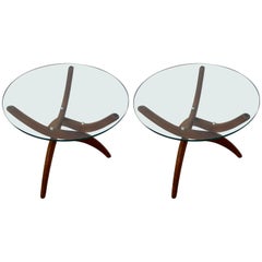 Pair of Danish Walnut Base Glass Top Occasional Tables