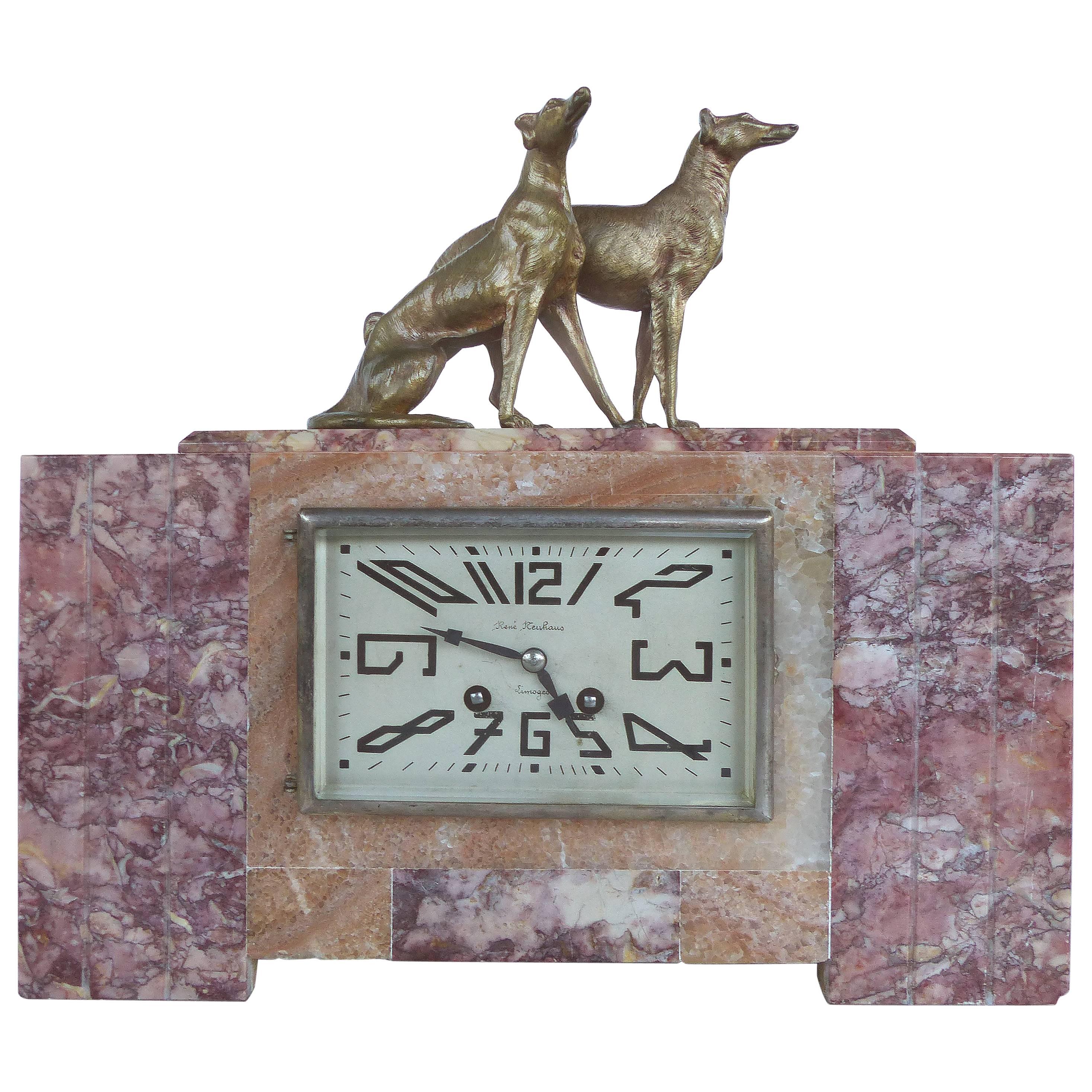 French Art Deco Mantel Clock with Bronze Dogs by Rene Neuhaus of Limoges
