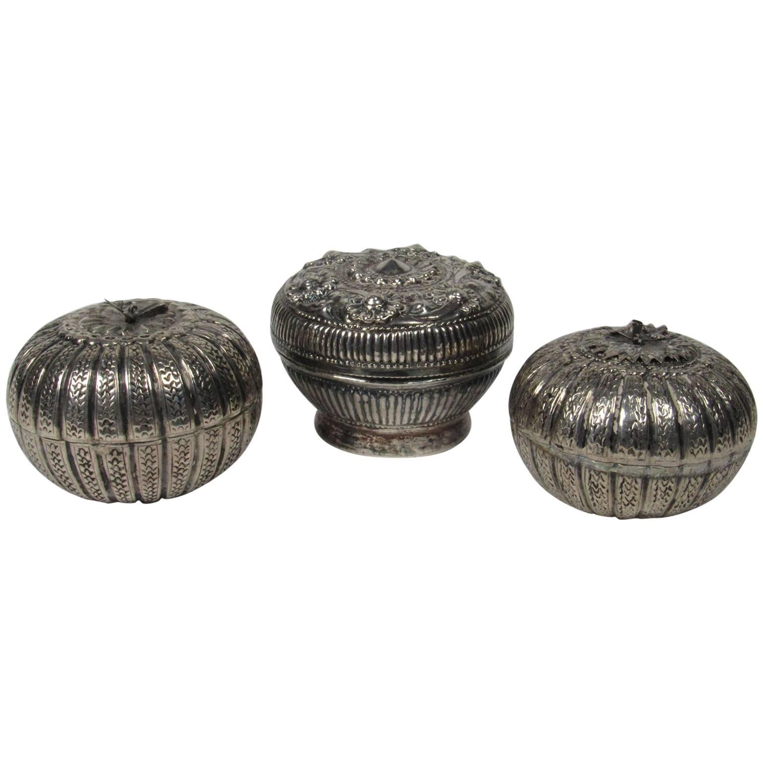 Three Vintage Burmese Silver Betal Nut Boxes