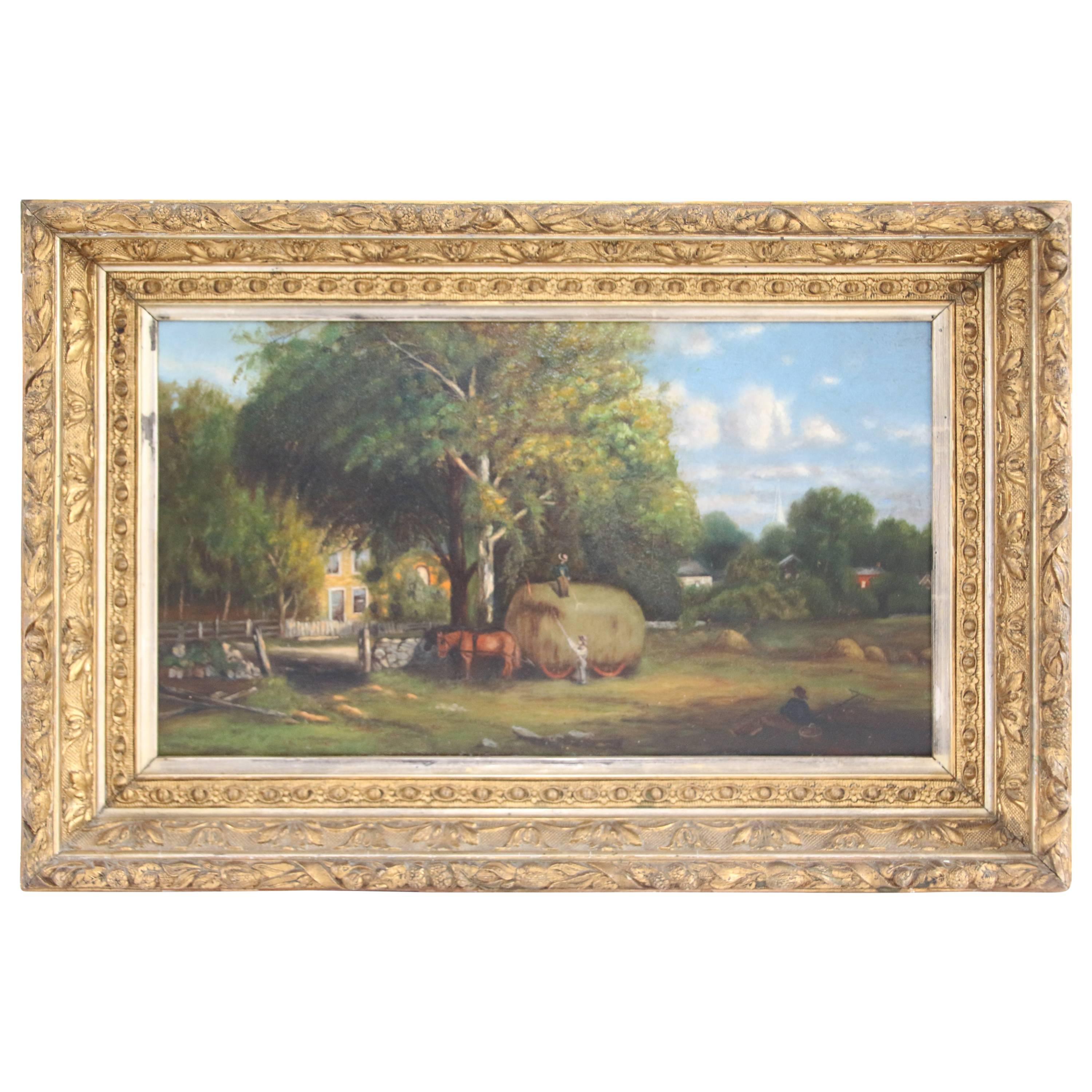19th Century Oil on Canvas American Farm Scene by Charles Drake For Sale
