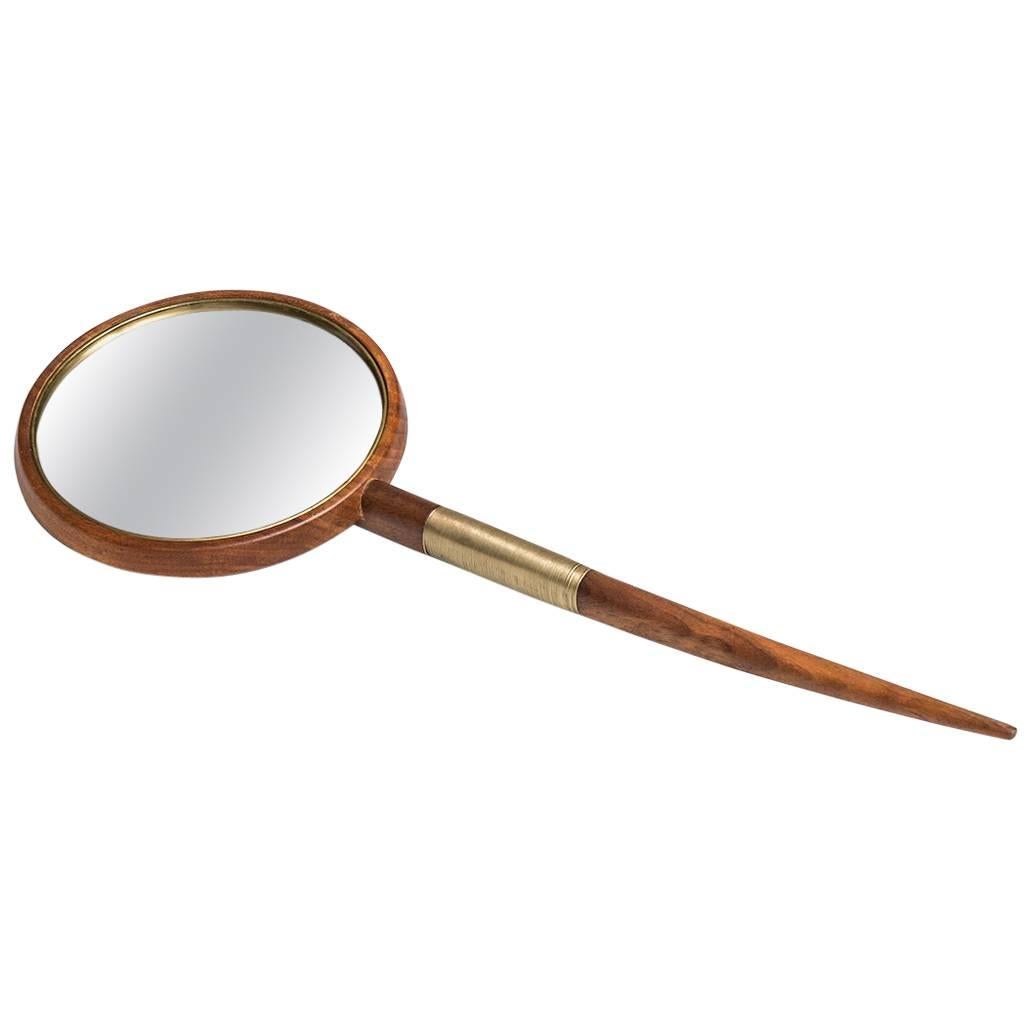 Hand Mirror in Walnut and Brass Wire For Sale