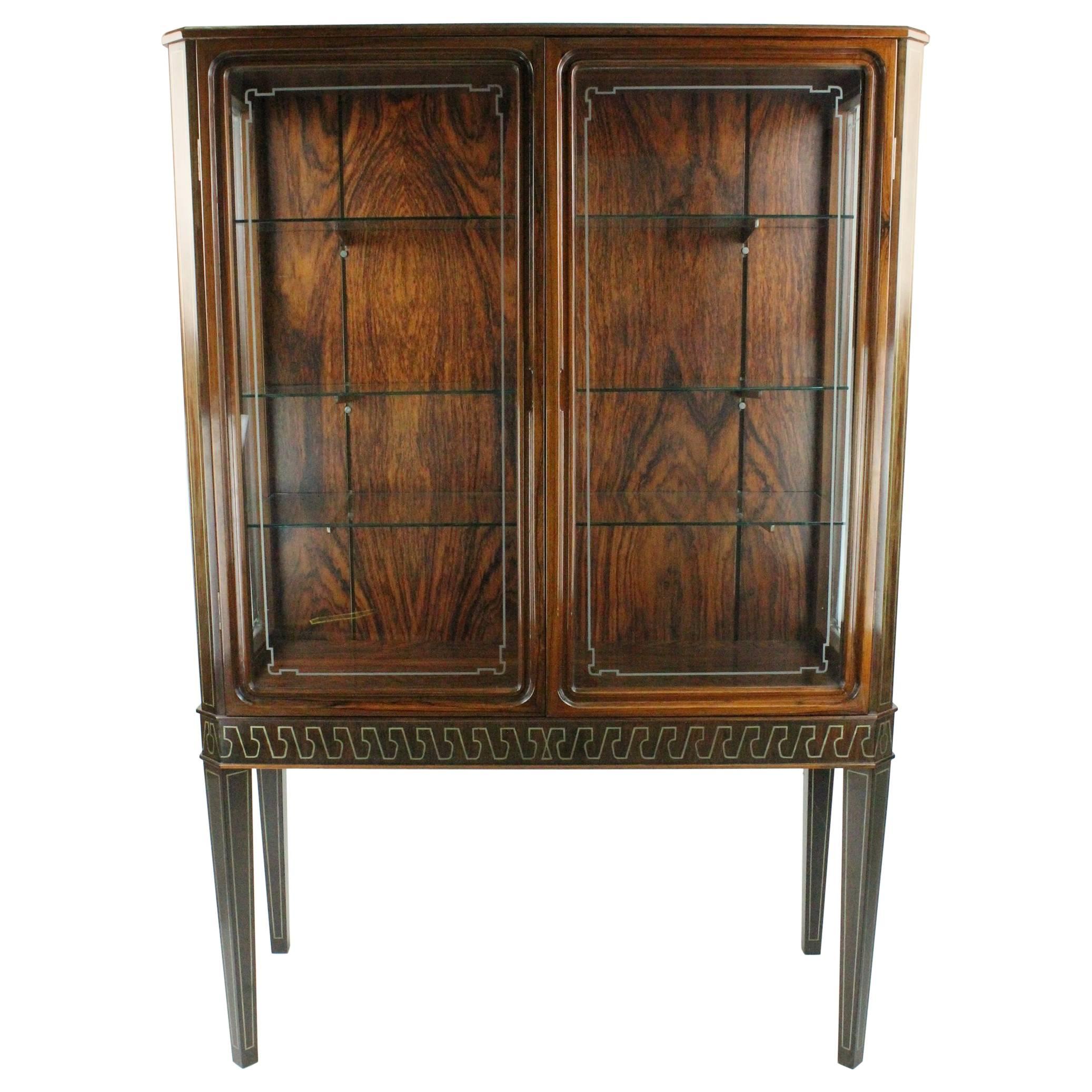 Very Rare 1940s European Rosewood and Pewter Inlaid Vitrine