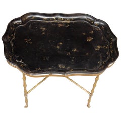 Vintage 1940-1950 Coffee Table Tray Lacquer of China Maison Bagués in Brass Bambou Deco