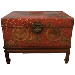 Antique Chinese Leather Trunk with Gold Crests