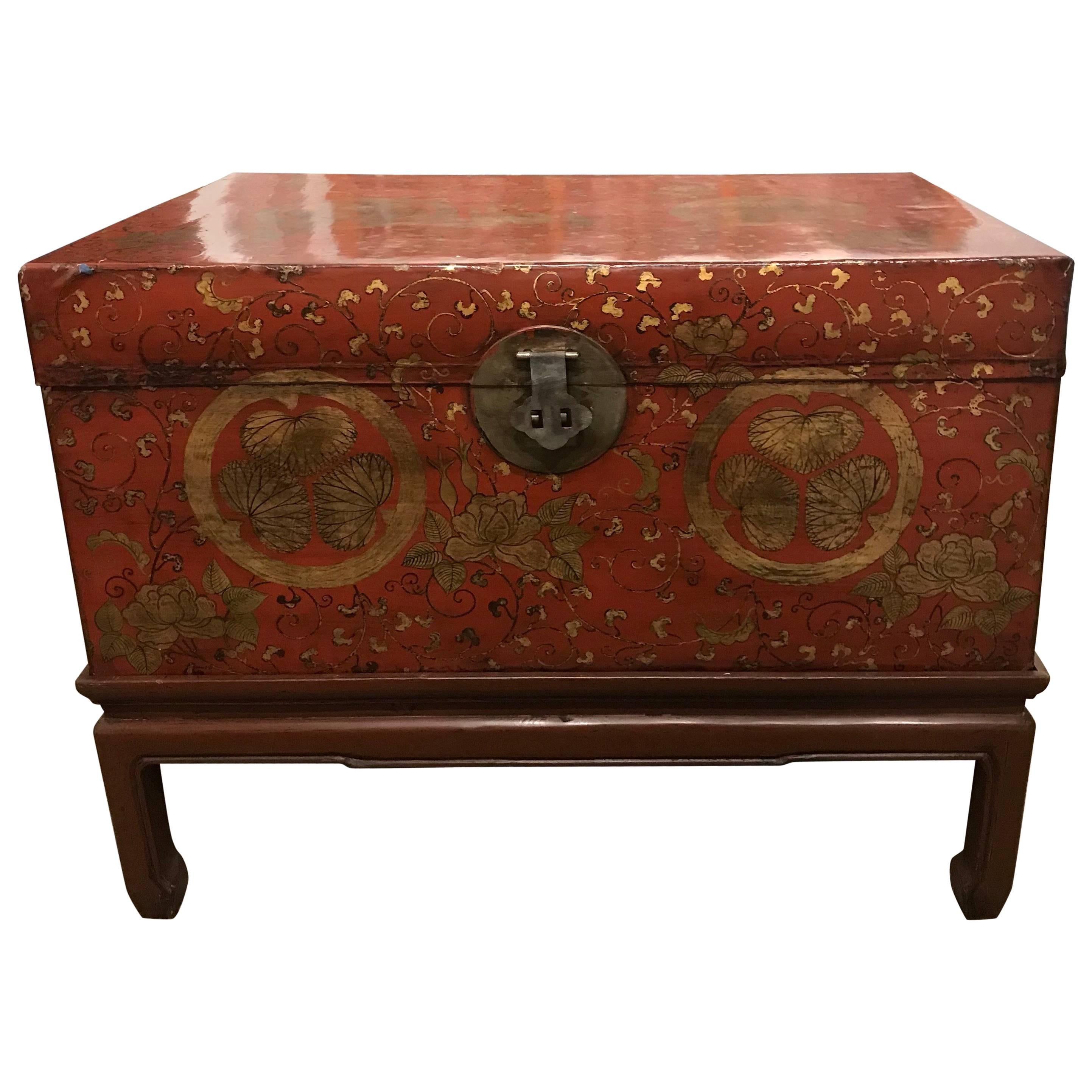 Antique Chinese Red Leather Trunk