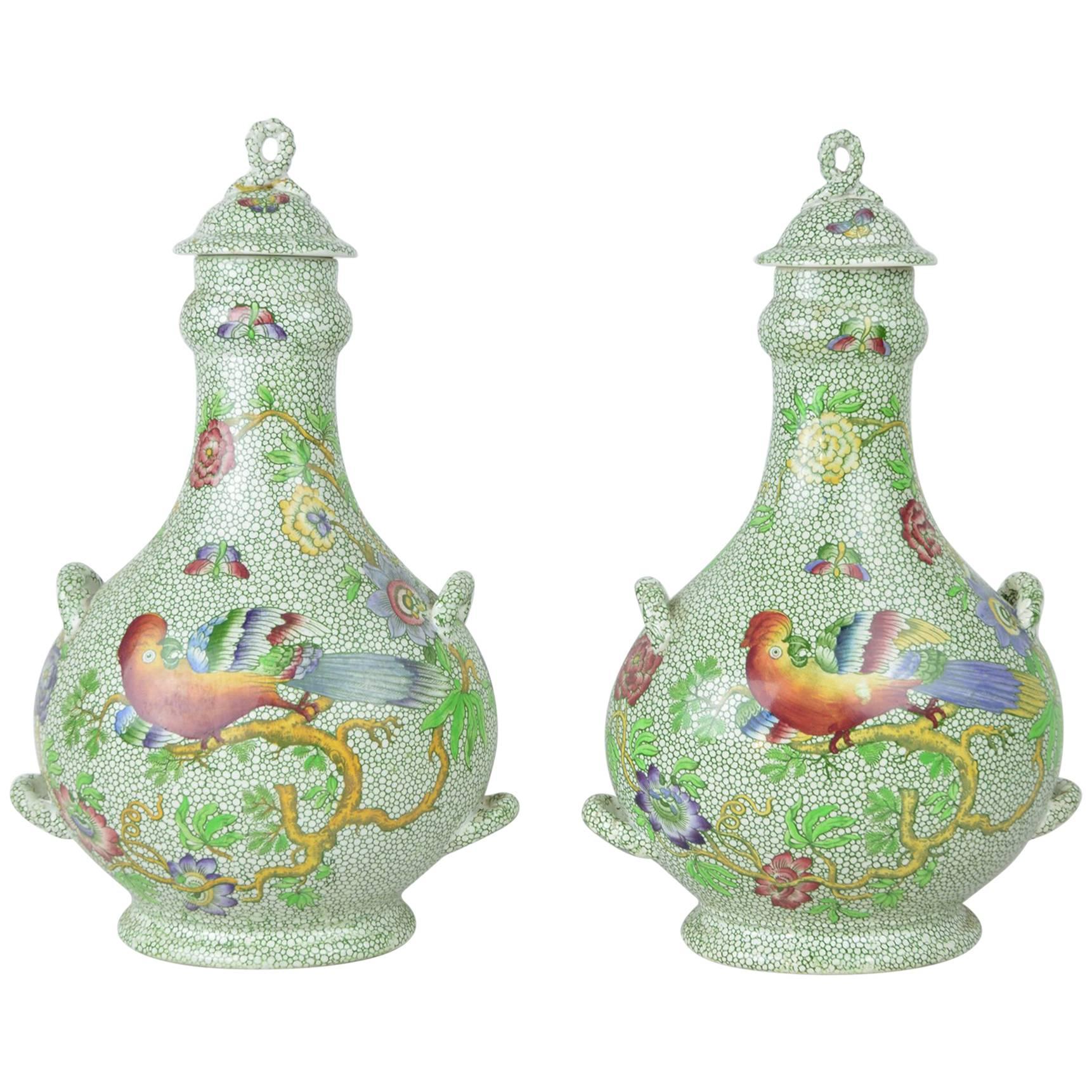 Pair of Antique Copeland Spode Chintz Pattern Chinoiserie Style Cover Vases