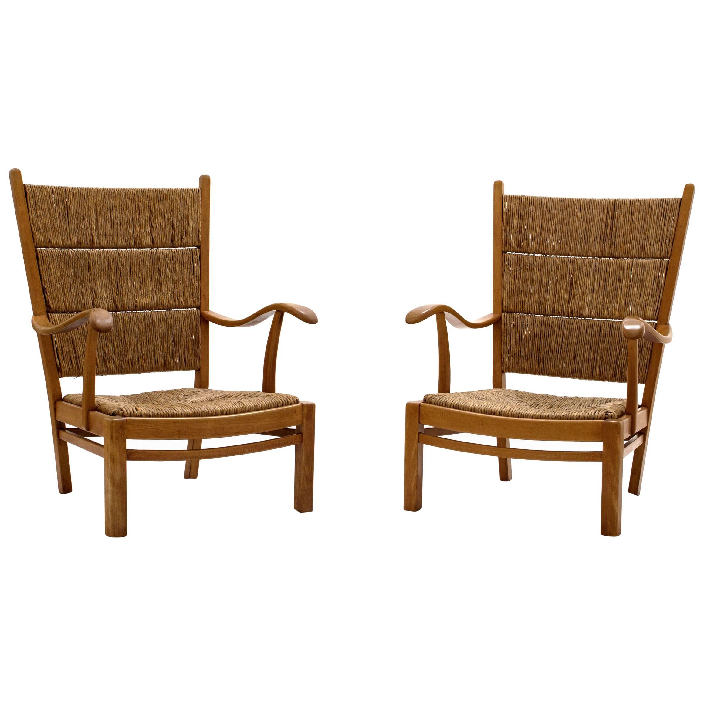 Mid-Century Armchairs in Beech and Straw, the Netherlands 1940s