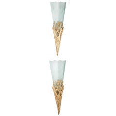 Pair of Mid-Century Cast Bronze-Engraved Glass Wall Sconces by Angelo Brotto 70s