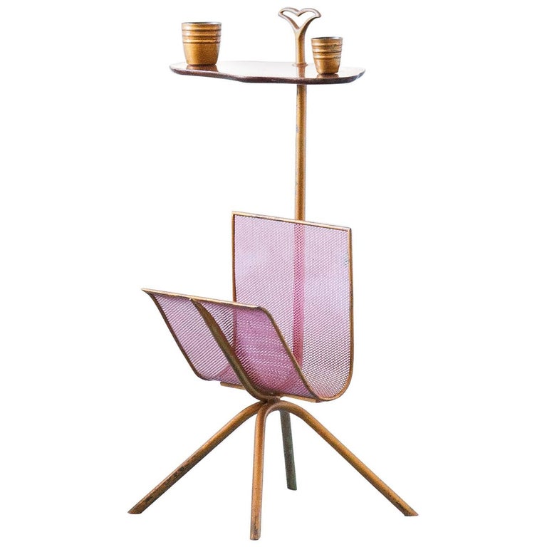 Italian Brass side table with Magazine Holder , 1950's For Sale at 1stDibs