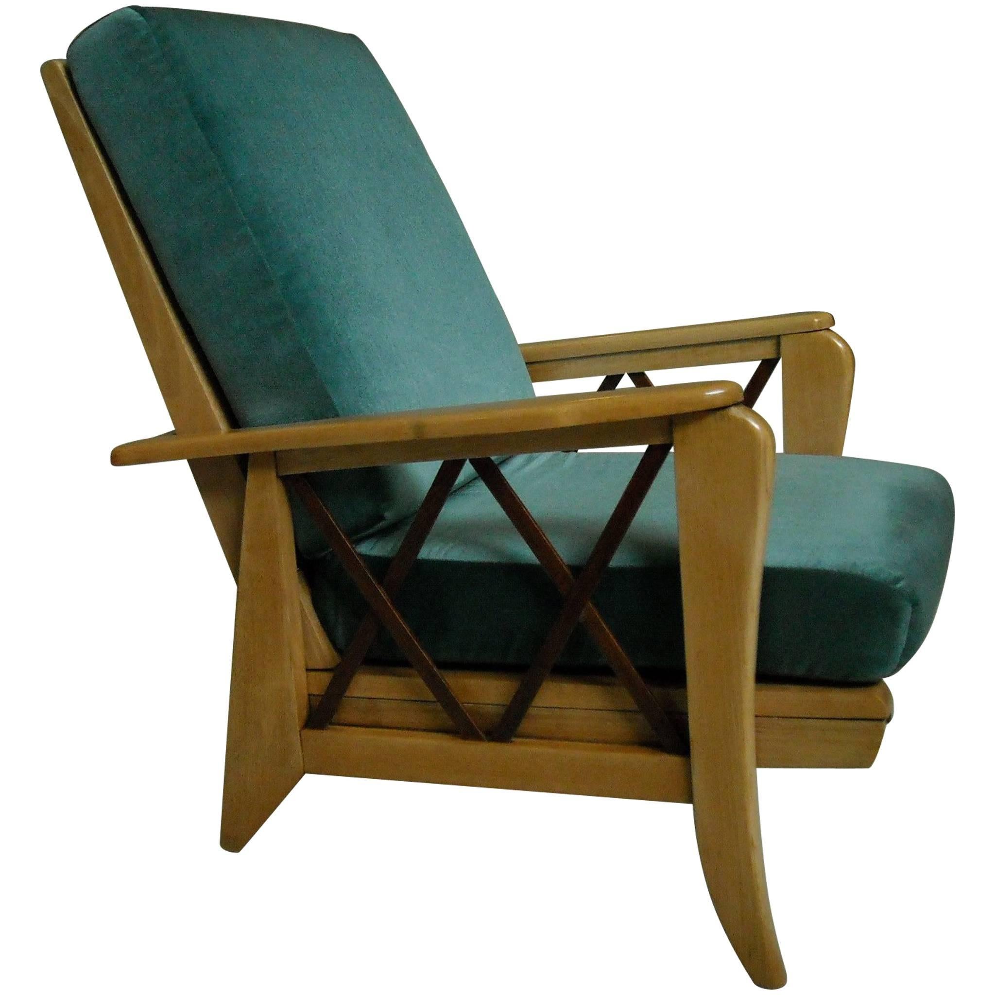 Ausziehbarer Mid-Century Modern-Sessel mit zweifarbigen Birkenblauen Samt-Kissen