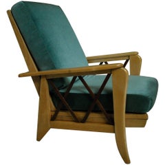 Mid-Century Modern Extendable Armchair Two-Tone Birch Blue Velvet Cushions