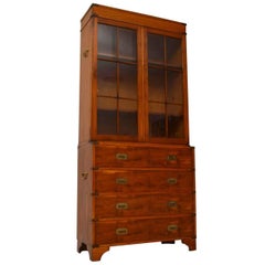 Vintage Campaign Style Yew Wood Secretaire Bookcase