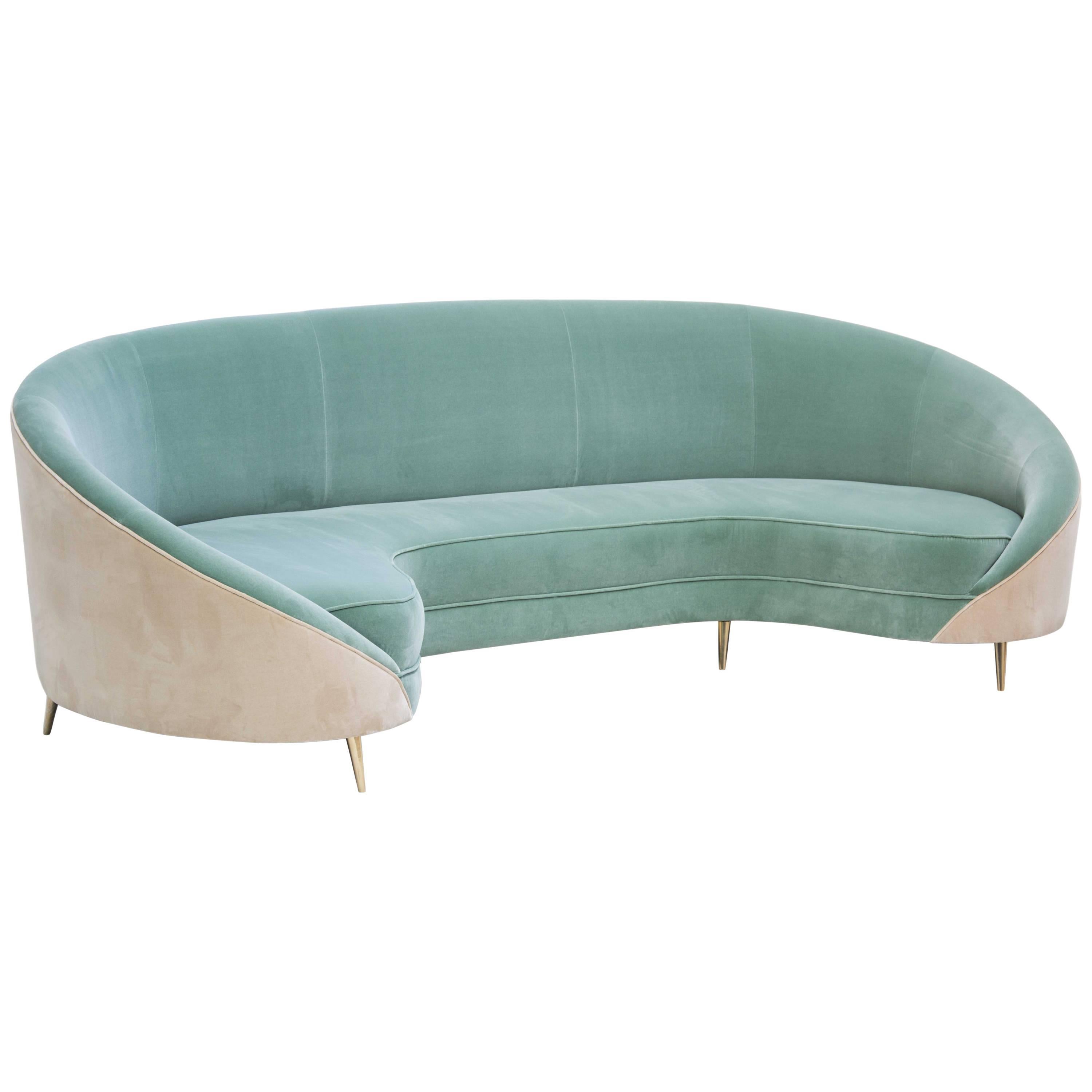 Modern 1950s Style Velvet and Brass Curved Sofa Handcrafted And Customizable For Sale