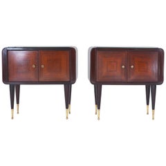 Italian Side Tables Nightstands 1950s Set of Two Wood and Black Glass