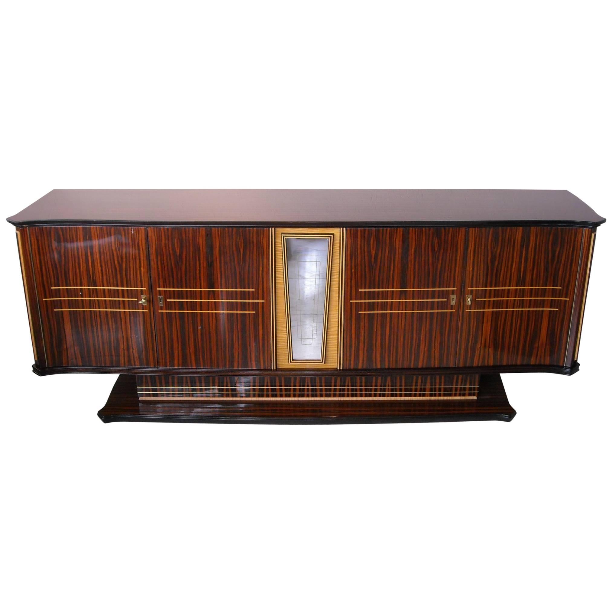 Art Deco Large Sideboard Ebene de Macassar Birch Inlay and Mirror Front For Sale