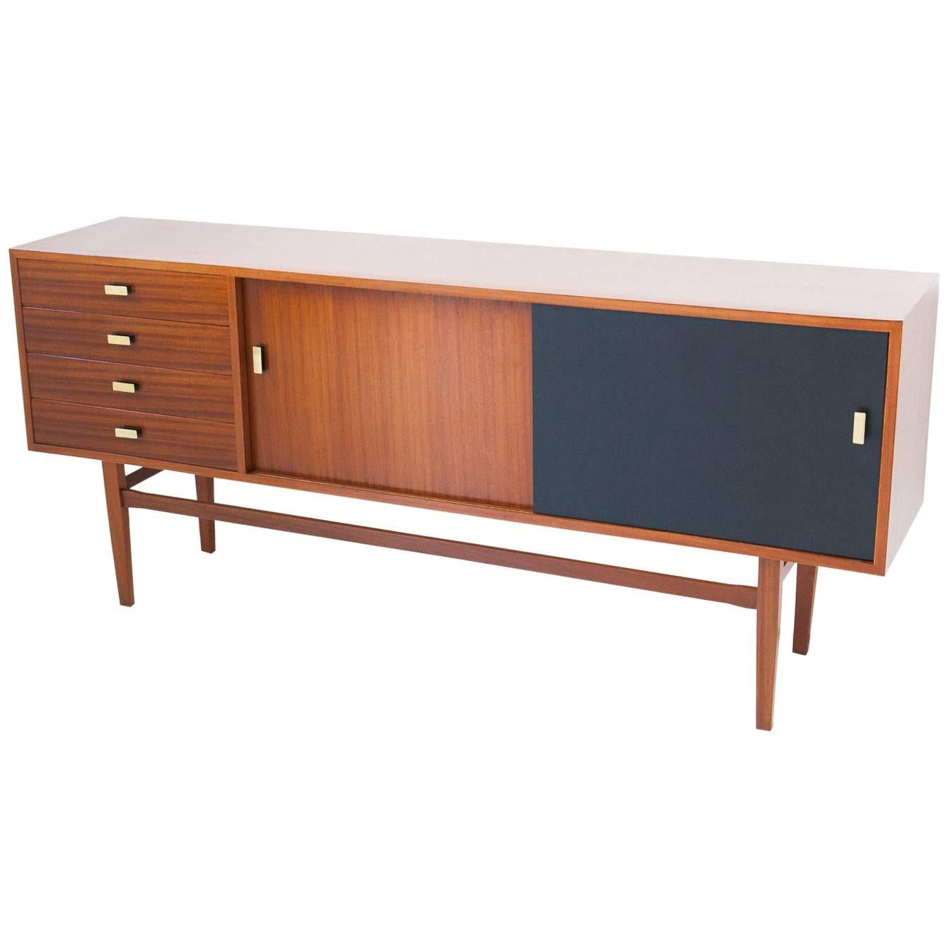 Italian Mid-Century Modern Mahogany and Brass Credenza, 1950s Sideboard Drawers