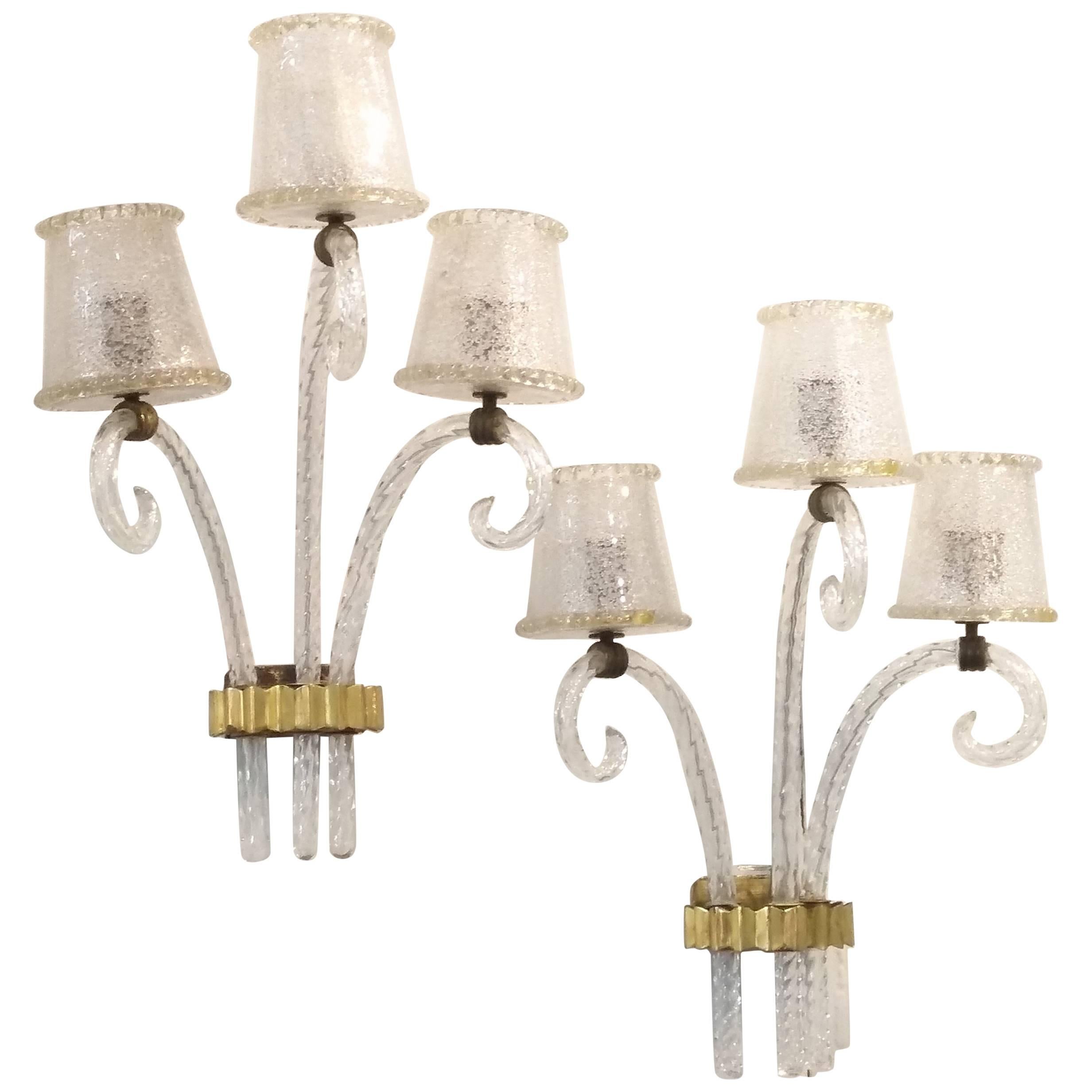 Pulegoso Glass and Brass Wall Sconces by Barovier, 1940 For Sale