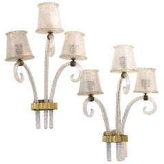 Pulegoso Glass and Brass Wall Sconces by Barovier, 1940