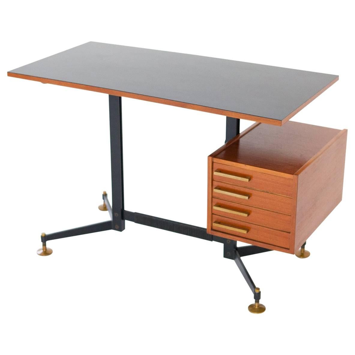 Italian Mid-Century Modern Desk Table Chest of Drawers Iron Teak Formica, 1950s
